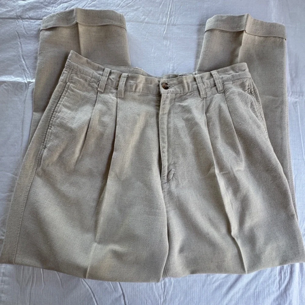 Eddie Bauer Mens 35x30 Pleated Linen Cotton Blend Cuffed Chino Pants Beige